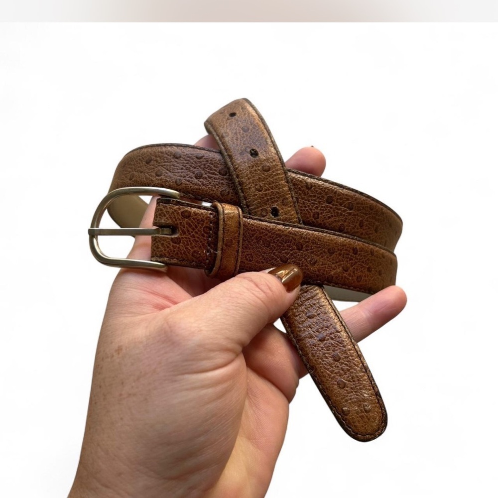 Ostrich Embossed Leather Belt in Camel Brown Size 36 Gold Hardware | Perry Ellis